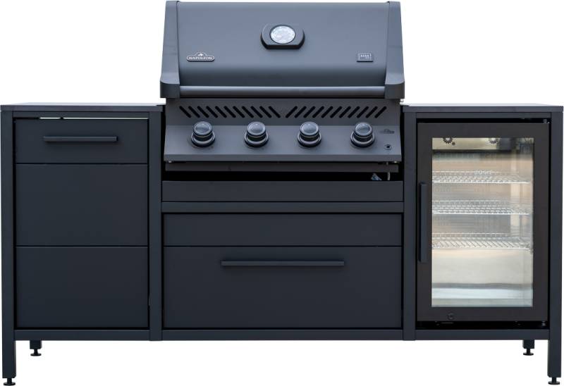 Burnout Kitchen - Burnout BBQ Block Shadow mit Napoleon Sondermodell Burnout Prestige 500 Einbaugrill, Kühlschrank, Schläuchen und Reglern.