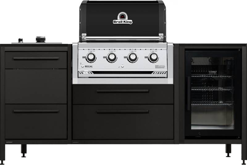 Burnout Kitchen - Burnout BBQ Block Shadow mit Broil King Regal 420, Grillfürst Infrarot-Seitenbrenner und Kühlschrank