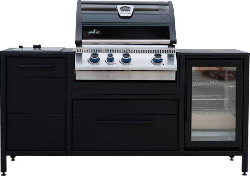 Burnout Kitchen - Burnout BBQ Block Shadow mit Napoleon Legend 485 Shadow Limited Edition Einbaugrill, Grillfürst Infrarot-Seitenbrenner und Kühlschrank