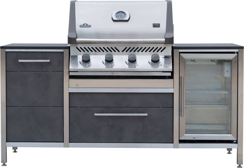 Burnout Kitchen - Burnout BBQ Block Smoke Edelstahl mit Napoleon Sondermodell Burnout Prestige 500 Einbaugrill, Grillfürst Infrarot-Seitenbrenner und Kühlschrank