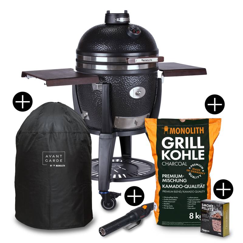 Monolith Grill AVANTGARDE CLASSIC Satin-Mattschwarz - mit Gestell + Seitentischen - inkl. Zubehör-Starterpaket