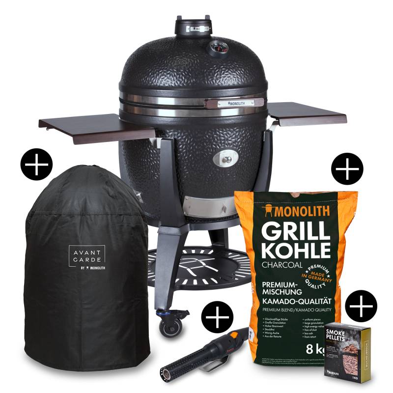 Monolith Grill AVANTGARDE LeCHEF  Satin-Mattschwarz - mit Gestell + Seitentischen - inkl. Zubehör-Starterpaket