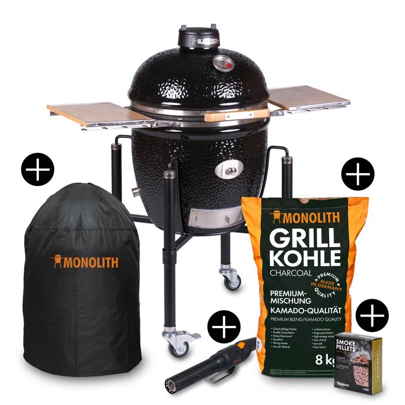 Monolith Grill CLASSIC PRO-Serie 2.0 Schwarz mit Gestell + Seitentischen - inkl. Zubehör-Starterpaket