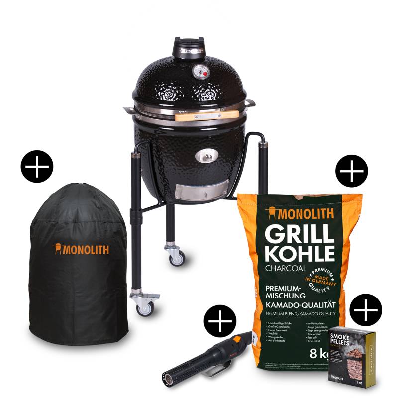 Monolith Grill Junior PRO Serie 2.0 Schwarz mit Gestell - inkl. Zubehör-Starterpaket