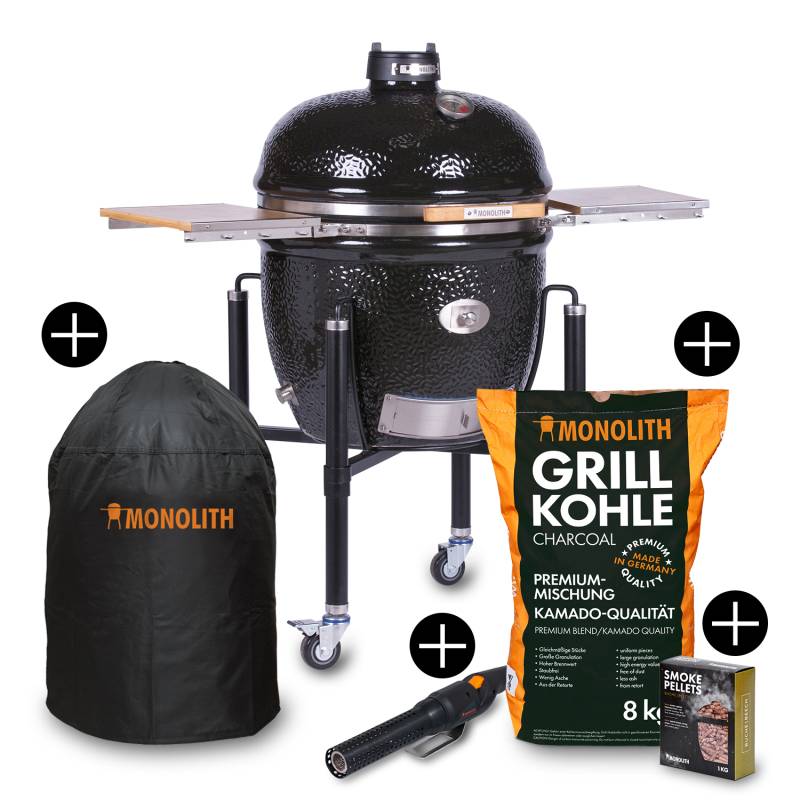 Monolith Grill LeCHEF PRO-Serie 2.0 Schwarz mit Gestell + Seitentischen - inkl. Zubehör-Starterpaket