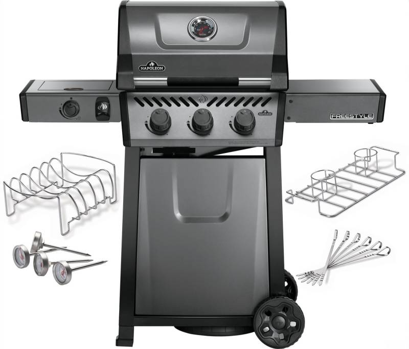 Napoleon Freestyle 365 Gasgrill, Graphit  - mit Seitenbrenner - inkl. Fleisch-Liebhaber Starter-Kit