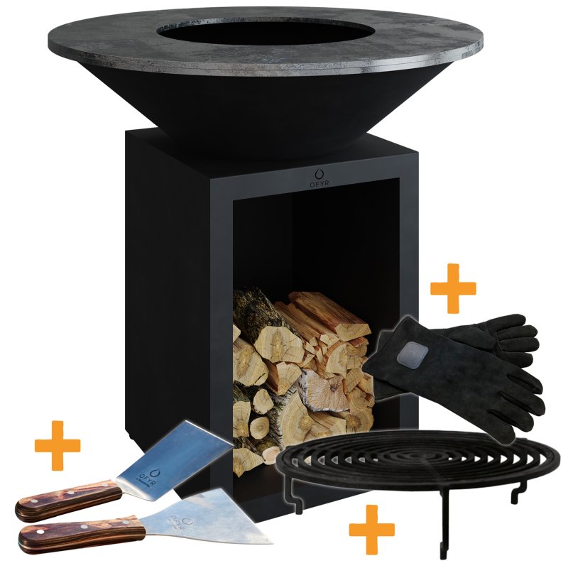 OFYR Grill Feuerplatte Classic Storage Black 100 - inkl. Grillrost mit Rosterhöhung, Leder Grillhandschuhe & Spatula Set