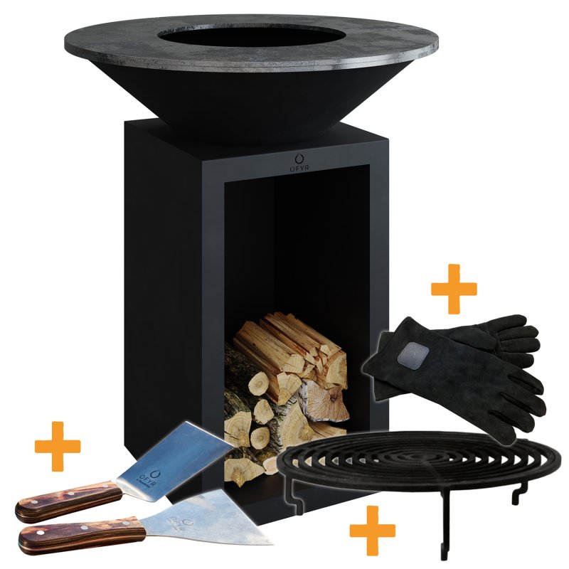 OFYR Grill Feuerplatte Classic Storage Black 85 - inkl. Grillrost mit Rosterhöhung, Leder Grillhandschuhe & Spatula Set