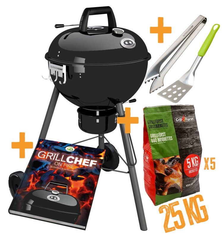 Outdoorchef Holzkohle Kugelgrill Chelsea 480 C schwarz - inkl. XXL STARTERSET mit 25 kg Grillbriketts, Grillbesteck Set 2tlg. und Grillbuch