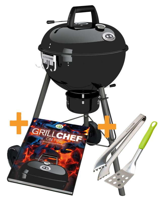 Outdoorchef Holzkohle Kugelgrill Chelsea 480 C schwarz - inkl. Outdoorchef Grillbuch: Das Einmaleins für den Holzkohlegrill + Grillbesteck Set 2tlg.