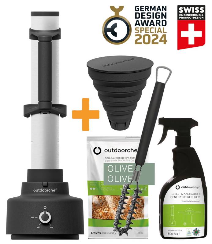 Outdoorchef SMOKE Kaltrauchgenerator - X-Mas Bundle inkl. Räucherchips, Einfüllhilfe, Reinigungsbürste und Reiniger