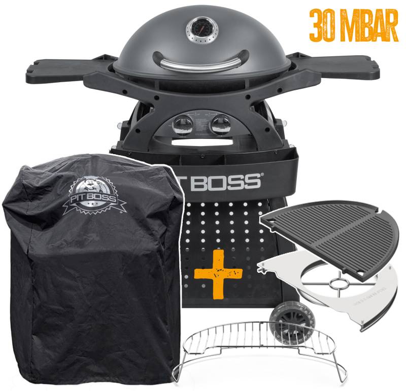 Pit Boss Gasgrill Sportsman 2 / Campinggrill 30 mbar - inkl. Unterwagen, Grillplatte, Warmhalterost, Pfannenuntersetzer und Abdeckhaube