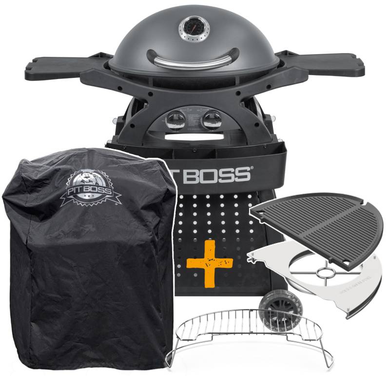 Pit Boss Gasgrill Sportsman 2 / Campinggrill - inkl. Unterwagen, Grillplatte, Warmhalterost, Pfannenuntersetzer und Abdeckhaube