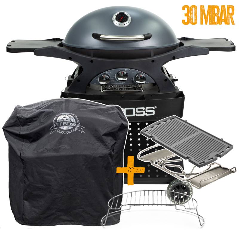 Pit Boss Gasgrill Sportsman 3 / Campinggrill 30 mbar - inkl. Unterwagen, Grillplatte, Warmhalterost, Pfannenuntersetzer und Abdeckhaube