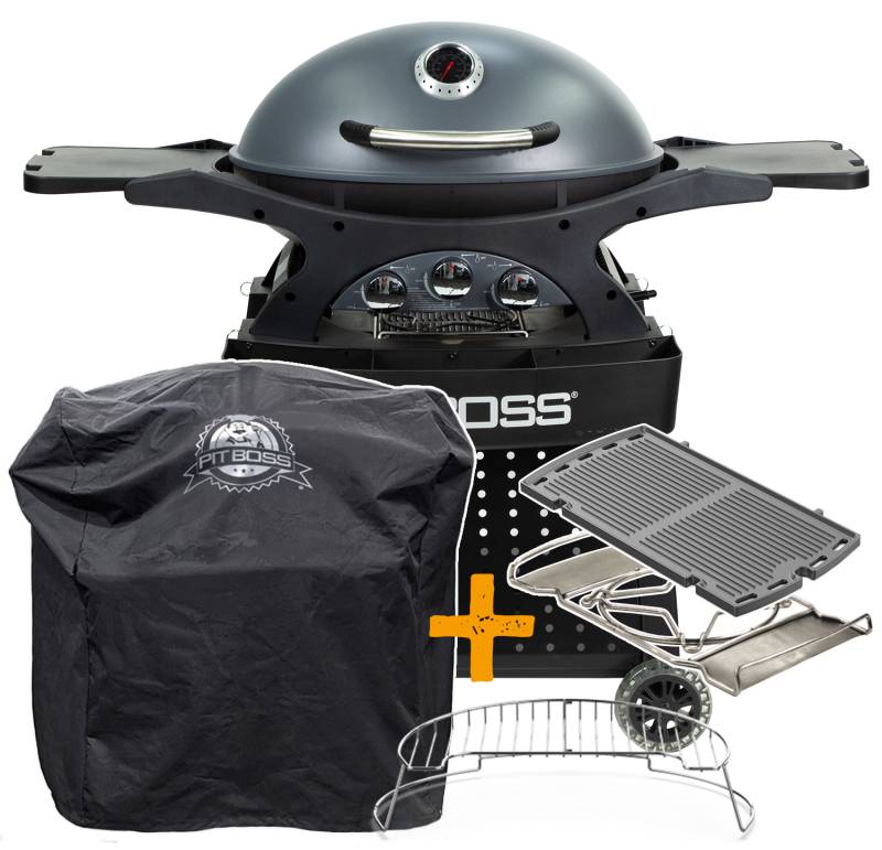 Pit Boss Gasgrill Sportsman 3 / Campinggrill - inkl. Unterwagen, Grillplatte, Warmhalterost, Pfannenuntersetzer und Abdeckhaube