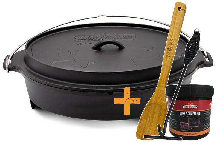 Grillfürst Dutch Oven Set BBQ Edition DO 6,5 flach / oval für Weber Spirit, Weber Genesis, Broil King Signet - X-Deal inkl. Pflegepaste, Deckelheber und Kochlöffel