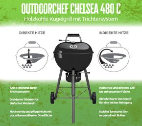 Outdoorchef Holzkohle Kugelgrill Chelsea 480 C schwarz - Holzkohlegrill mit innovativem Trichtersystem - Hover