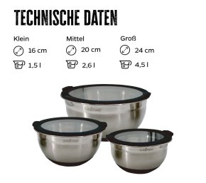 Grillfürst BBQ 3er Edelstahlschüssel Set mit Glasdeckel - Hover