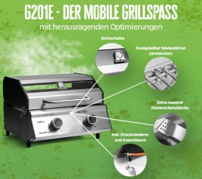 Grillfürst G201E 2-Brenner Gasgrill portabel v2 - Campinggrill / Balkongrill 50mbar - Hover